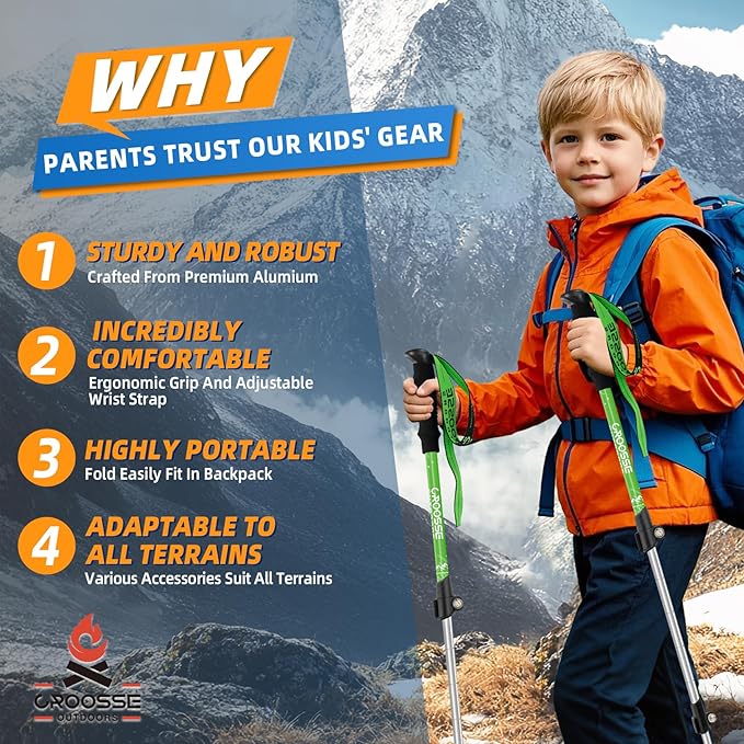 Lightweight Collapsible Kids Hiking Poles - Retractable Kids Hiking Stick, Telescoping Aluminum Trekking Poles 2 Pack, Adjustable Kids Ski Poles by Croosse-StrideForce Fitness