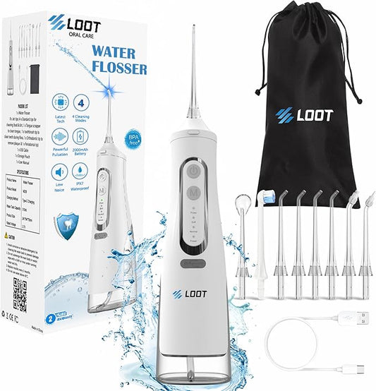 Dental Water Flosser Cordless, 310ML Electric Flosser with 4 Cleaning Modes & 8 Replaceable Jet Tips, IPX7 Waterproof Electric Waterflosser for Teeth Cleaning (8 Tips)