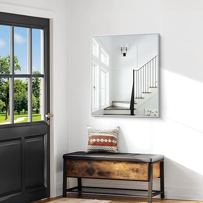 Silver Bathroom Mirror,30x36 inch Wall Mirror for Bathroom Wall Mounted,Rectangle Mirror for Bathroom Over Sink,Modern Metal Frame for Living Room,Bedroom Entryway,Horizontal/Vertical-StrideForce Fitness