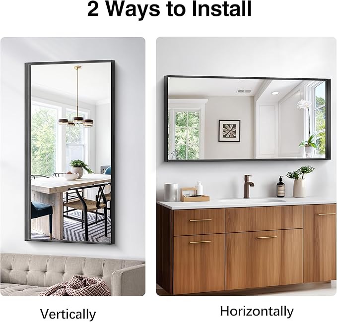 Black Bathroom Mirror, 24x48 Inch Rectangular Framed Mirror, Large Wall Mounted Bathroom Vanity Mirror Over Sink for Bedroom,Restroom, Living Room, Hangs Vertically or Horizontally-StrideForce Fitness