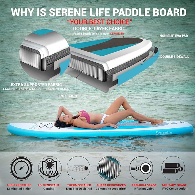 SereneLife Inflatable Stand Up Paddle Board with Premium SUP Accessories – Wide Stable Design with Non-Slip EVA Deck Pad for Adults and Youth of All Skill Levels-StrideForce Fitness