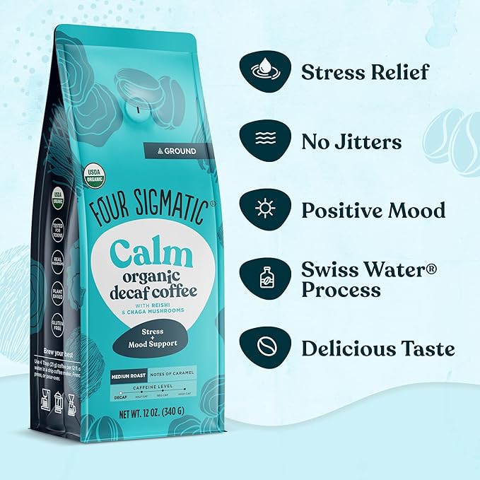 Four Sigmatic Calm Organic Decaf Ground Coffee | Swiss Water Decaf Coffee with Chaga & Reishi Mushroom Extracts | 12oz Bag-StrideForce Fitness