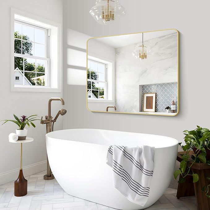 Gold Bathroom Mirror,40x48 inch Wall Mirror for Bathroom Wall Mounted,Round Rectangle Mirror for Bathroom Over Sink,Modern Frame for Home Decor Living Room,Bedroom Entryway,Horizontal/Vertical-StrideForce Fitness