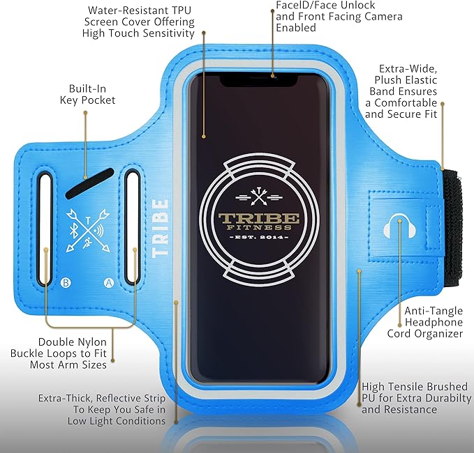 TRIBE Water Resistant Cell Phone Armband Case Running Holder for iPhone Pro Max Plus Mini SE (13/12/11/X/XS/XR/8/7/6/5) Galaxy S Ultra Plus Edge Note (21/20/10/9/8/7/6/5) Adjustable Strap & Key Pocket-StrideForce Fitness