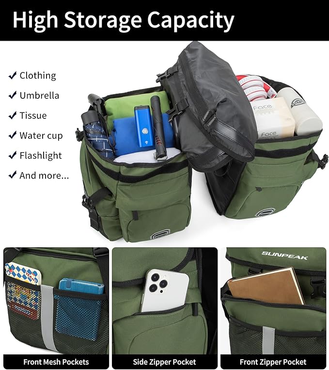 Bike Bag Accessories Panniers for Bicycle Rear Rack Bag 45L Waterproof Mountain Electric Bike Saddle Bag for Cycling Traveling Commuting Green-StrideForce Fitness