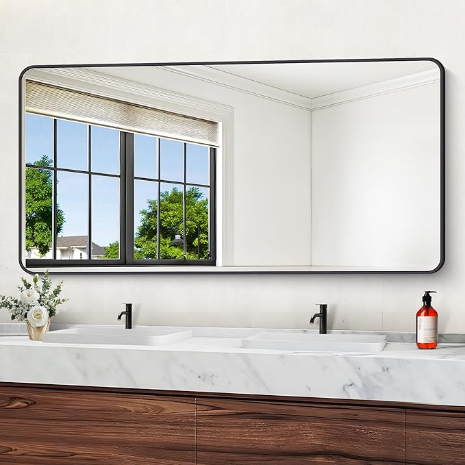 72" x 36"Bathroom Mirror, Matte Black Wall Mirror with Metal Frame, Decorative Rectangular Vanity Mirror for Bedroom Bathroom Living Room Entryway (Horizontal/Vertical)-StrideForce Fitness