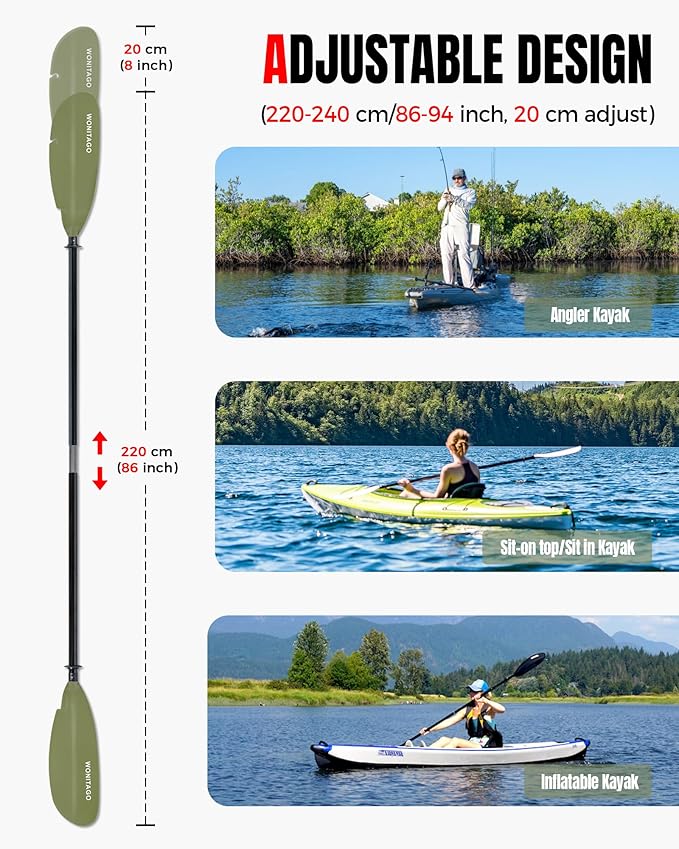 Angler Kayak Paddle with Fiberglass Shaft and Plastic Blade, Floating Adjustable Fihsing Kayak Oar, 220-240 cm/86-94", 240-260 cm/94-102", 260-280 cm/102-110"-StrideForce Fitness