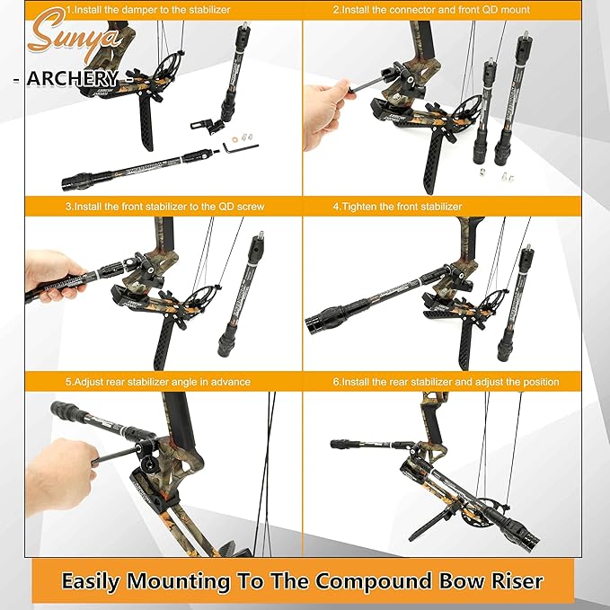 SUNYA Archery Bow Stabilizer for Compound Bow, Carbon Fiber Body Flexible Core, Damping System and Weights Kit, 8",10",12" 15" in Expedition Series-StrideForce Fitness