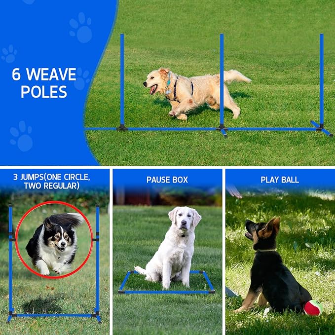 Dog Agility Training Equipment Set, Obstacle Courses Agility Training Kit for Puppy Includes 2 High Hurdles, Standard Tunnel, Blind Tunnel, Jumping Ring, 6 Weave Poles, Pause Box and 2 Carrying Bags-StrideForce Fitness