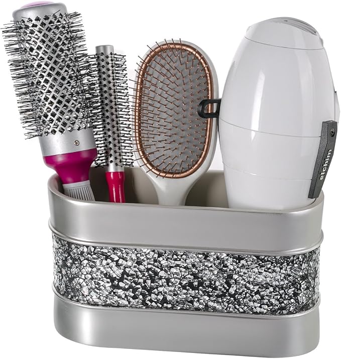 Crackled Glass Silver Toothbrush and Toothpaste Holder for Bathroom - Decorative Bathroom Counter Electric Toothbrush Organizer, 3 Slot, Makeup Brush Holder