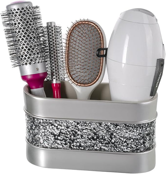 Crackled Glass Silver Toothbrush and Toothpaste Holder for Bathroom - Decorative Bathroom Counter Electric Toothbrush Organizer, 3 Slot, Makeup Brush Holder