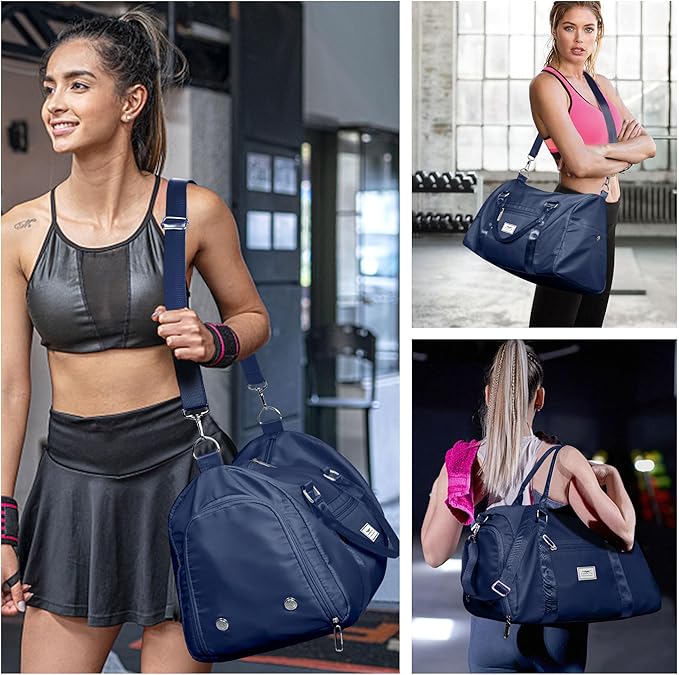 FIORETTO Womens Gym Tote Duffle Bag with Wet Pocket & Shoe Compartment, Sports Duffel Overnight Weekender Hospital Workout Carry on Bag for Girls, Ideal for Travel, Swimming, Dance, Ballet Navy Blue-StrideForce Fitness