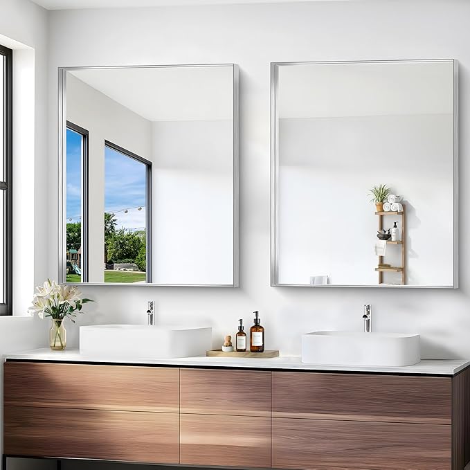 Silver Bathroom Mirror, 30x36 Inch Rectangular Framed Mirror, Large Wall Mounted Bathroom Vanity Mirror Over Sink for Bedroom,Restroom, Living Room, Hangs Vertically or Horizontally-StrideForce Fitness