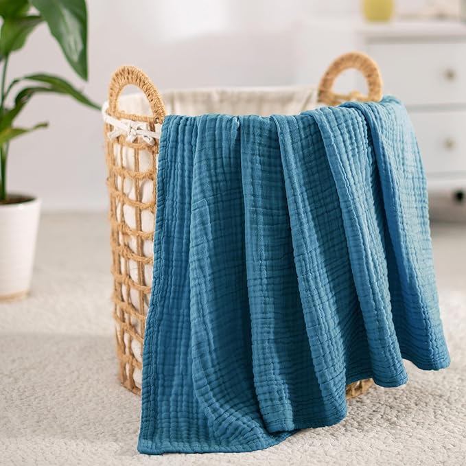 Carriediosa 100% Cotton Muslin Throw Blanket 90" X 90" Queen Size，4-Layers Summer Gauze Throws for Bed Couch，Soft Lightweight Breathable Linen Blankets Bedspread for Adults All Season，Dusty Blue-StrideForce Fitness