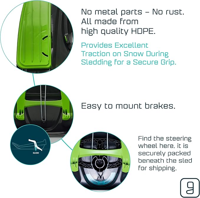 Snow Sled for Kids, Adults - Toboggan Sled, Easy Turning Steering Wheel, Anti-Slip Seat, Pull Up Brake, Durable Plastic Sled, Lightweight, Snow Sleds, Age 3+ 260 lbs-StrideForce Fitness