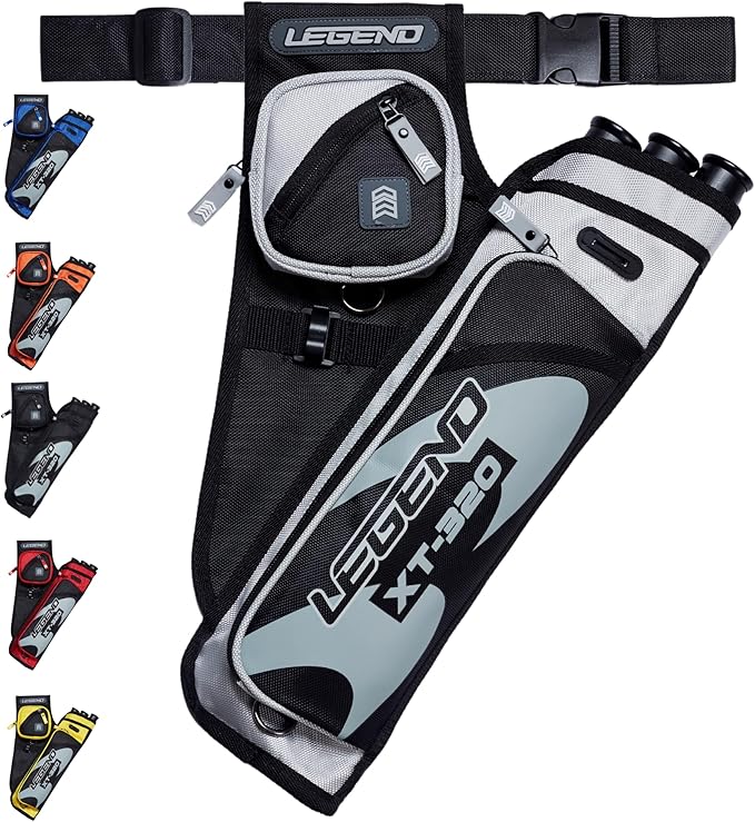 LEGEND XT320 Archery Quivers - Nylon Hip Quivers with 3 Arrow Tube Cases for Target Shooting - Adjustable Waist Belt, T-Slot, Storage Compartments for Accessories, Gear, Tools, Release Tab, Score Card-StrideForce Fitness