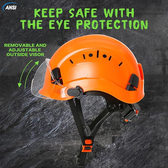 AOLAMEGS Construction Vented Hard Hats -Adjustable Vented Hard Hat with Visor for Men Women ABS Safety Helmet 6-Point Suspension Work Hardhats for Outdoor Height Industrial (Orange Clear Visor)-StrideForce Fitness