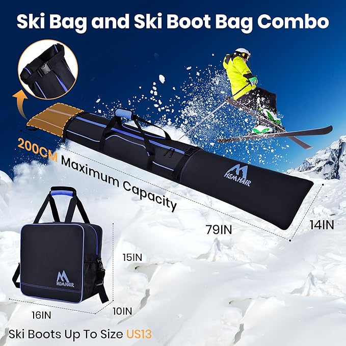 Ski Bag and Boot Bag Combo,Padded Ski Bag Set for Air Travel,Snow Ski Bags for Adults,Water- resistant Ski Boot Bag Fits for Skis Up to 200 CM and Boots Up To Size US13-StrideForce Fitness