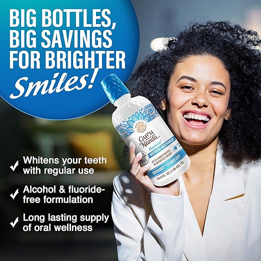 GuruNanda Oxyburst Teeth Whitening Mouthwash – Alcohol & Fluoride Free, with Hydrogen Peroxide & 7 Essential Oils, Value Pack for Regular Use, Wild Mint, 1 Liter/33.8 fl oz