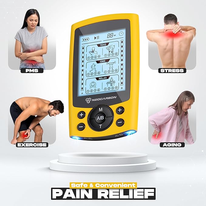 TENS Unit Muscle Stimulator, Electronic PMS Pulse Massager Machine for Shock Physical Therapy, Back Pain Relief, Shoulder Recovery, Yellow-StrideForce Fitness