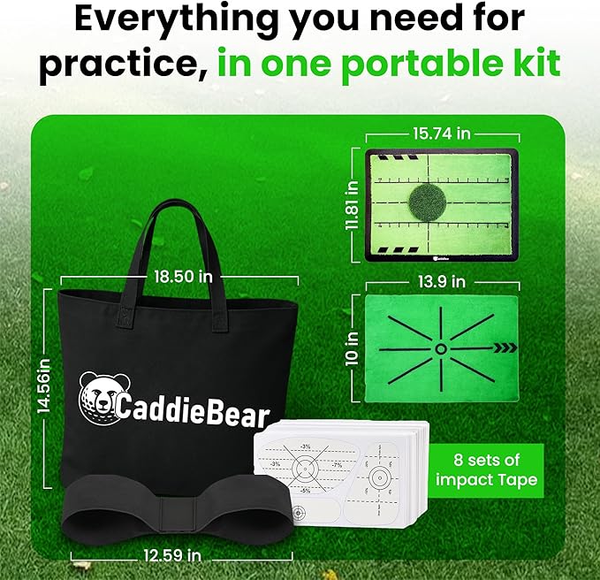 5-in-1 Golf Hitting Mat Set - Golf Training Aid with Path Feedback mat with Turf Patch, Replaceable mat, Impact Tape, Swing Arm Band & Carry Bag - Indoor & Outdoor Golf Mat for Practice-StrideForce Fitness