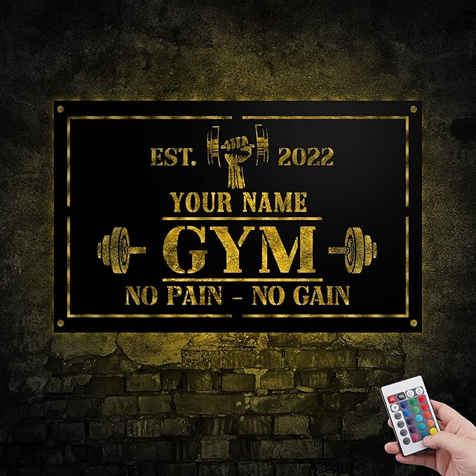 Personalized Home Gym LED Tin Metal Sign Multiple Sizes, Gym Sign Wall Decor, Exercise Workout Room Decor Fitness Center, Motivational Inspirational Hanging Wall Art Wall Plaque (01 w/lights)-StrideForce Fitness