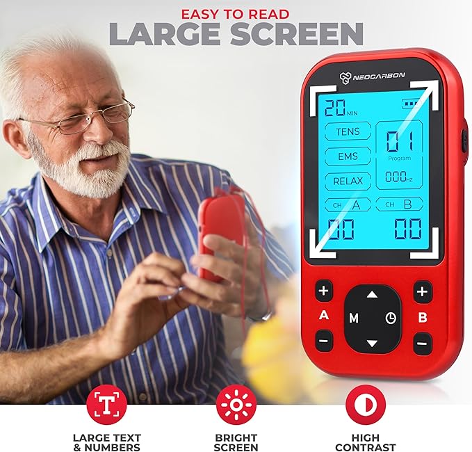 TENS Unit Muscle Stimulator Pro for Back Pain Relief, Shoulder Recovery and Physical Therapy, Electronic EMS Massager Machine with PMS Pulse for Effective Shock Therapy, Red-StrideForce Fitness