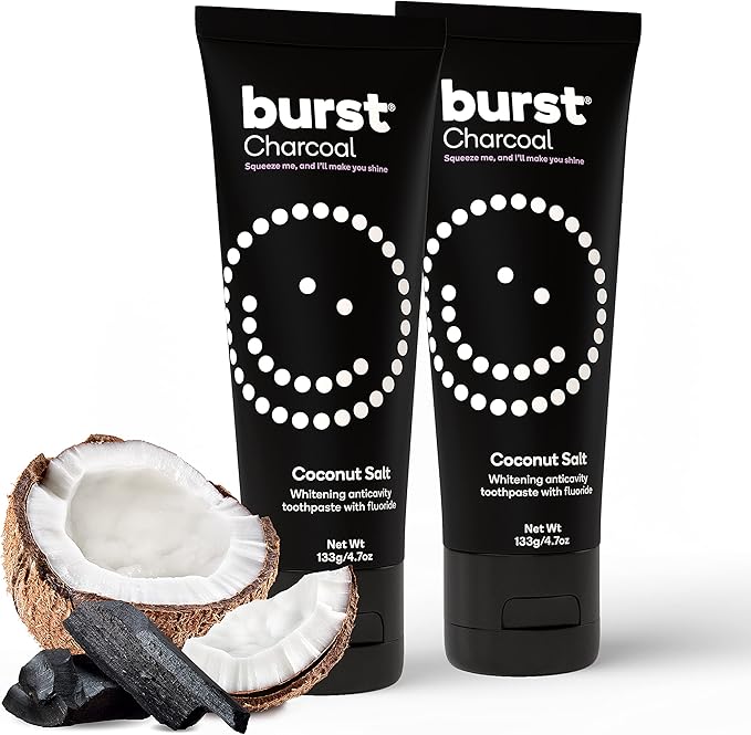 BURST Charcoal Whitening Toothpaste for Adults (4.7oz/2 Pack) | for Sensitive Teeth with Cavity Fighting Fluoride & Xylitol | Vegan | Gluten & SLS Free | Coconut Salt
