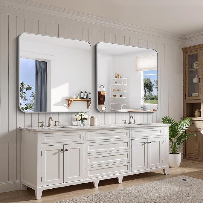 FORBATH 42x42 Inch Silver Bathroom Mirror for Over Sink, Large Square Wall Mirror with Metal Frame, Rounded Corners for Bathroom, Bedroom, Entryway Decor (Horizontal or Vertical)-StrideForce Fitness