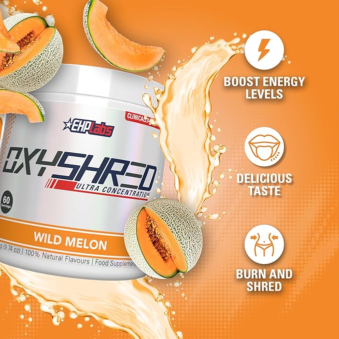 EHP Labs OxyShred Pre Workout Powder & Shredding Supplement - Preworkout Powder with L Glutamine & Acetyl L Carnitine, Energy Boost Drink - Wild Melon, 60 Servings-StrideForce Fitness