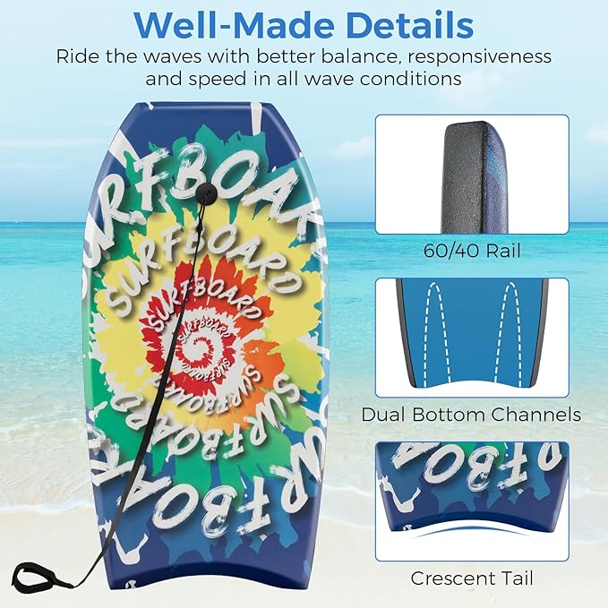 KOTEK 33/37/41 Inch Body Board with Wrist Leash, EPS Core, Dual Channel, HDPE Slick Bottom, Bodyboard for All Skill Levels & Wave Conditions-StrideForce Fitness