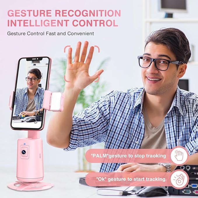 Auto Face Tracking Tripod 360° Rotating Cell Phone Photo and Video Kits Stand, No App, Phone Camera Stand with Remote and Gesture Control for Live Recording Tiktok Pink1-StrideForce Fitness