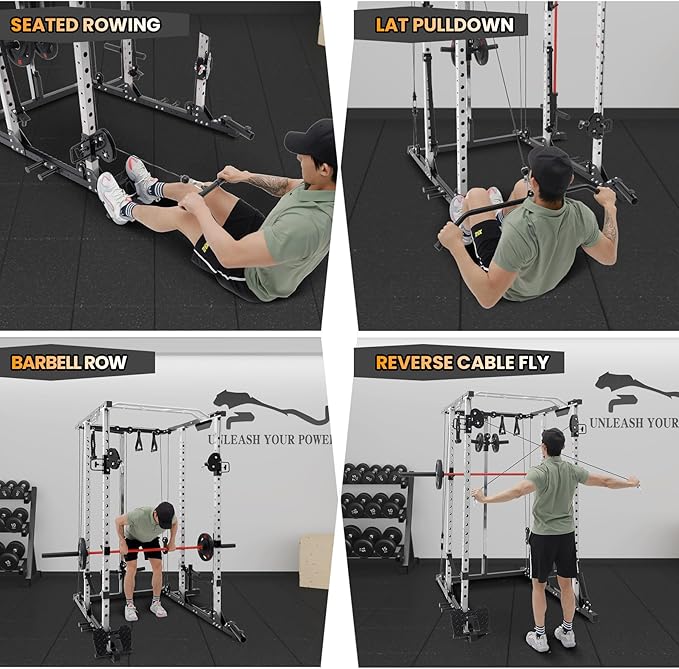 GaveeLife Power Cage, 2000 LBS Power Rack with Cable Cross-Over System, Multi-Functional Strength Training Squat Rack with LAT Pull Down System, Home Gym Equipment with Training Attachment, Red-StrideForce Fitness