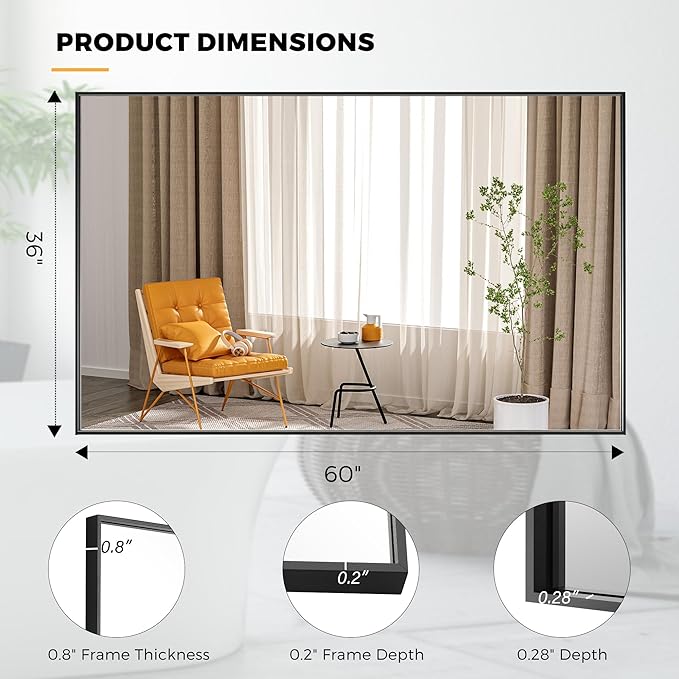 60x36 Inch Black Bathroom Mirror for Wall, Aluminum Frame Rectangle Rectangular Vanity Mirror, Modern Large for Bedroom, Living Room, Horizontal or Vertical-StrideForce Fitness