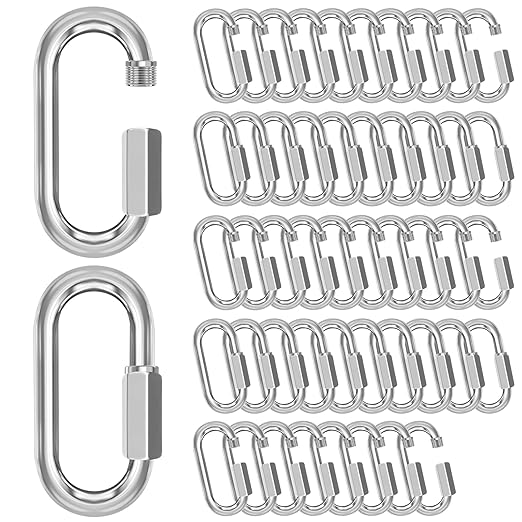 M6-50 Pack 2.3” Quick Links Chain Connectors, 1/4″ Galvanized Chain Locking Carabiners Hooks, 620LBS Heavy Duty Thread Quick Link Clips, Twist Oval Keychain D Shape for Swing, Camping-StrideForce Fitness