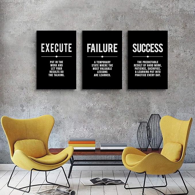 Framed Canvas Wall Art Success Quote, Office Wall Art, Black Large Poster, Positive Motivational Set of 3 Prints, Execute Failure Definition, Inspirational Print (A-3pcs,16x24inchx3pcs)-StrideForce Fitness