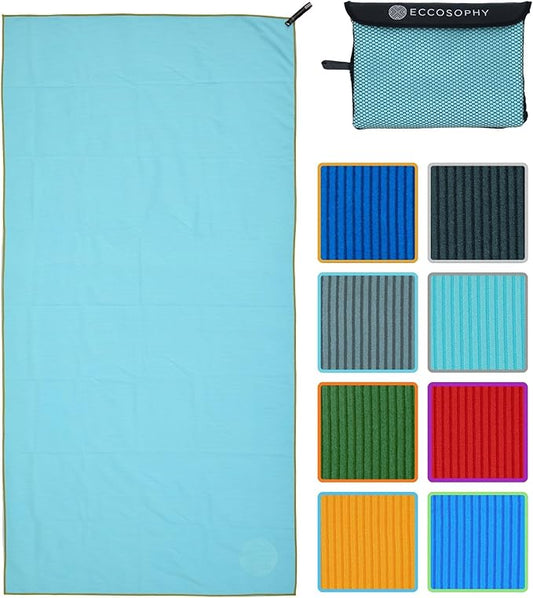 ECCOSOPHY Microfiber Beach Towel – Quick Dry Gym Towel, Highly Absorbent with Ribbed Texture, Lightweight – Ideal for Travel, Pool, Yoga, Fitness & Outdoor Adventures – 60x30 Aqua-StrideForce Fitness