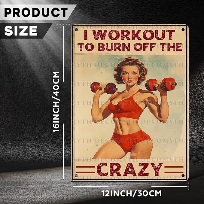 Vintage Girl Gym Tin Sign I Workout to Burn off The Crazy Retro Fitness Wall Decor Nostalgic Art Funny Workout Room Inspirational Metal Poster Store Cafe Pubs Bedroom Bathroom 12 * 16inch-StrideForce Fitness