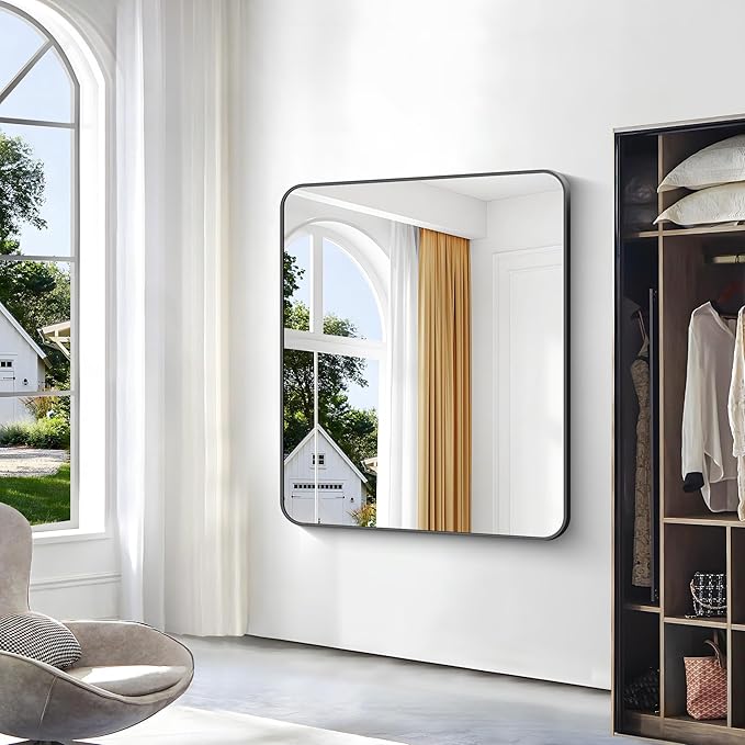 Black Bathroom Mirror,40x48 inch Wall Mirror for Bathroom Wall Mounted,Rectangle Mirror for Bathroom Over Sink,Modern Frame Round Corner for Living Room,Bedroom Entryway,Horizontal/Vertical-StrideForce Fitness