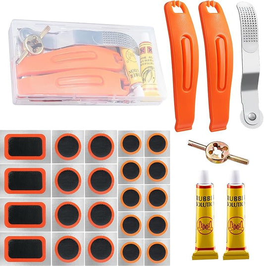 29 PCS Bike Tire Repair Kits - 22 PCS Vulcanizing Patches, Cement, Tire Levers, Metal Rasp & Roller, Valve Wrench, Portable Bicycle Inner Tube Puncture Patch Kit for BMX MTB Road Bike Motorcycle-StrideForce Fitness
