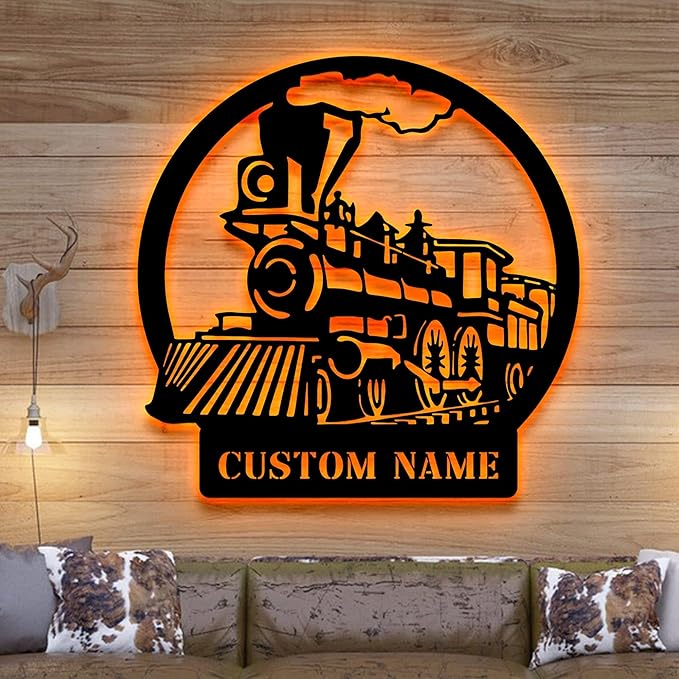 Personalized Metal Sign With LED Light, Train Room Decor, Railroad Wall Art, Custom Steam Train Home Decoration-StrideForce Fitness