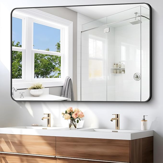 55x36 inch Bathroom Mirror,Black Rectangle Mirror,Wall Mounted Bathroom Frame Vanity Mirror with Round Corner for Bedroom Living Room, Entryway Hangs Horizontal or Vertical-StrideForce Fitness