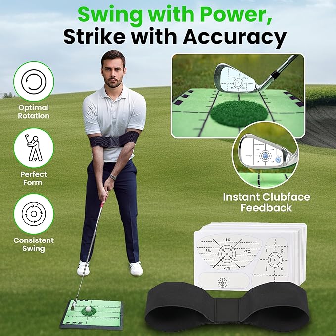 5-in-1 Golf Hitting Mat Set - Golf Training Aid with Path Feedback mat with Turf Patch, Replaceable mat, Impact Tape, Swing Arm Band & Carry Bag - Indoor & Outdoor Golf Mat for Practice-StrideForce Fitness