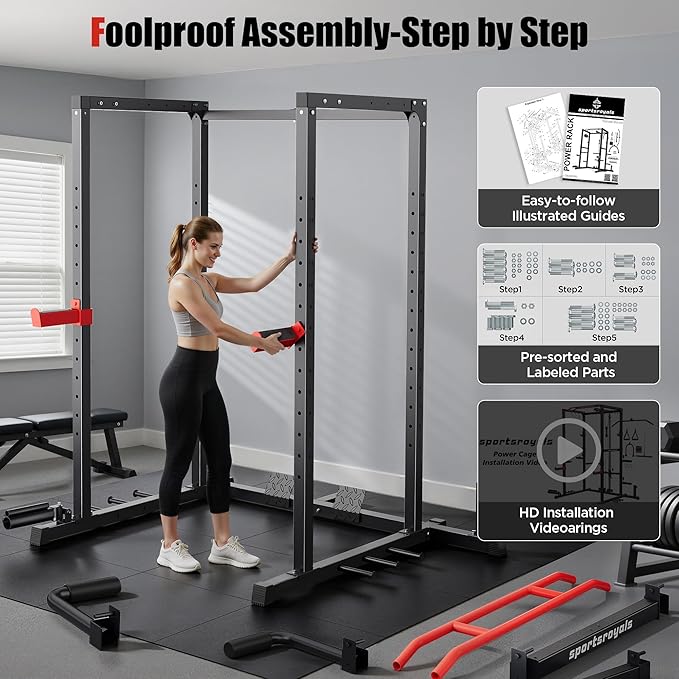 Sportsroyals Power Cage,1600lbs Multi-Function Power Rack with Adjustable Cable Crossover System and More Training Attachment, Weight Cage for Home Gym-StrideForce Fitness