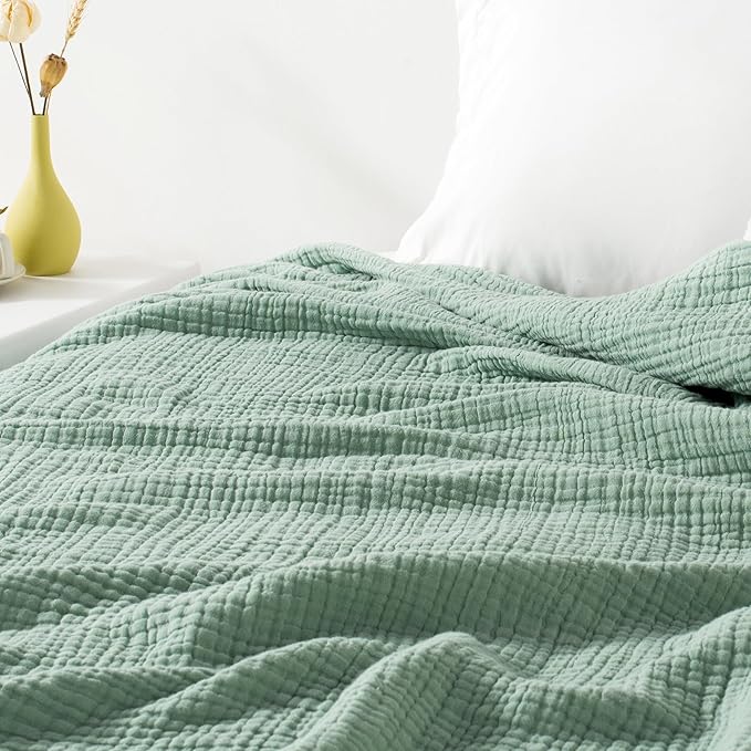 Carriediosa 100% Cotton Muslin Throw Blanket 108" X 90" King Size，4-Layers Summer Gauze Throws for Bed Couch，Soft Lightweight Breathable Linen Blankets Bedspread for Adults All Season，Sage Green-StrideForce Fitness