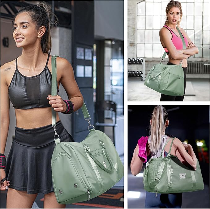 FIORETTO Womens Gym Tote Duffle Bag with Wet Pocket & Shoe Compartment, Sports Duffel Overnight Weekender Hospital Workout Carry on Bag for Girls, Ideal for Travel, Swimming, Dance, Ballet Celadon-StrideForce Fitness