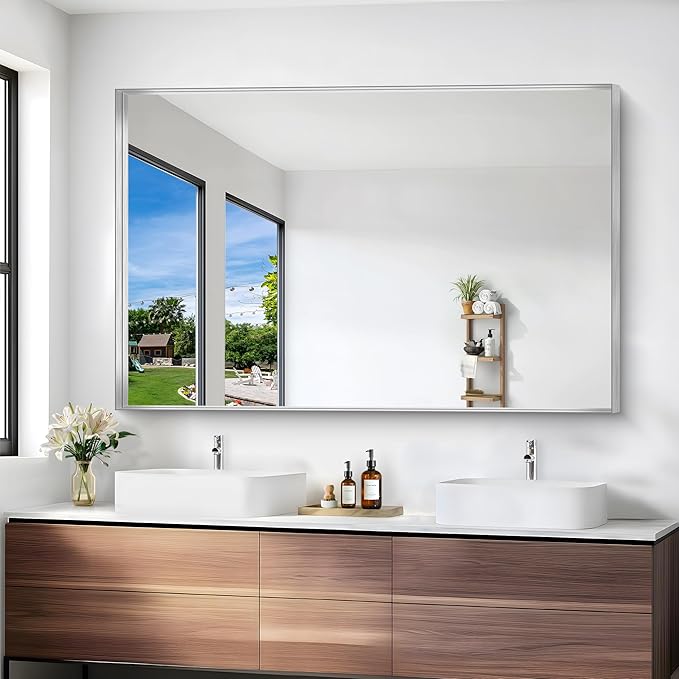 Silver Bathroom Mirror, 36x55 Inch Rectangular Deep Frame Mirror, Large Wall Mounted Bathroom Vanity Mirror Over Sink for Bedroom,Restroom, Living Room, Hangs Vertically or Horizontally-StrideForce Fitness