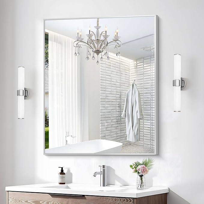 Silver Bathroom Mirror,30x36 inch Wall Mirror for Bathroom Wall Mounted,Rectangle Mirror for Bathroom Over Sink,Modern Metal Frame for Living Room,Bedroom Entryway,Horizontal/Vertical-StrideForce Fitness