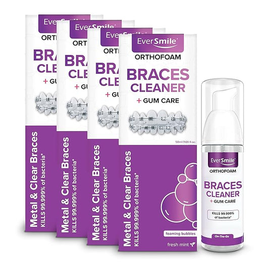 EverSmile OrthoFoam Braces Cleaner — Brushable Foam Whitens Teeth, Eliminates Bacteria, Fights Plaque and Bad Breath – Cleans Under Metal, Ceramic, Clear Brackets and Wires – 50ml (4 Pk)
