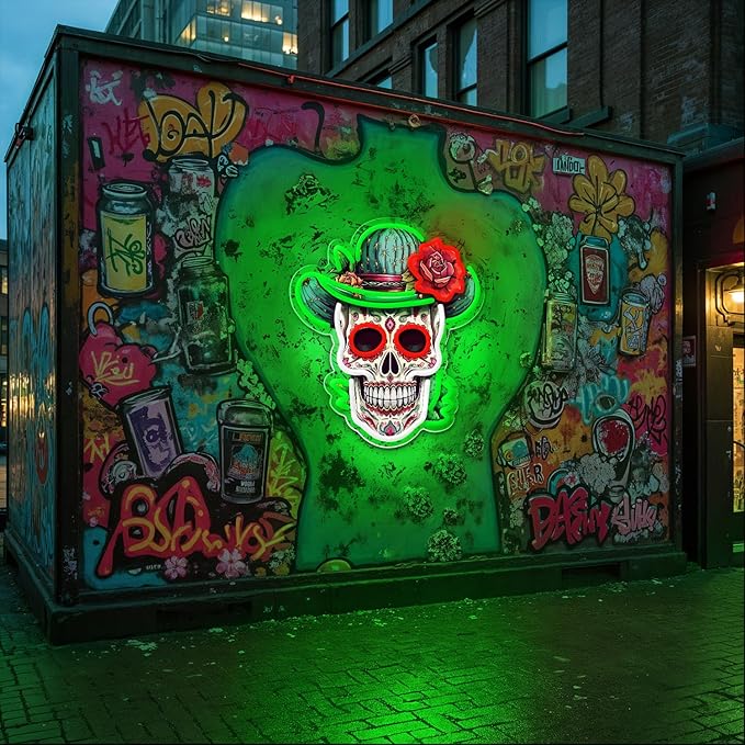 Day of the Dead Neon Sign - Mexican Sugar Skull LED Neon Light for Home & Bar Decor,UV Printed Art with Flexible LED Strip,Halloween & Día de Muertos Party Decoration（green)-StrideForce Fitness